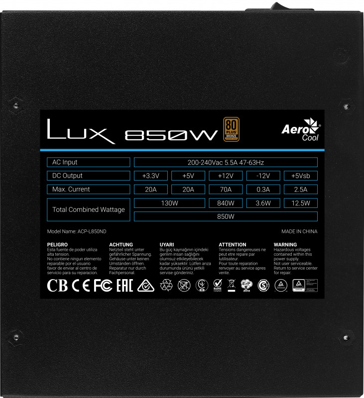 Aerocool LUX850 Fuente Alimentación PC 850W 80 Plus Bronze 230V 88% Eficiencia Negro